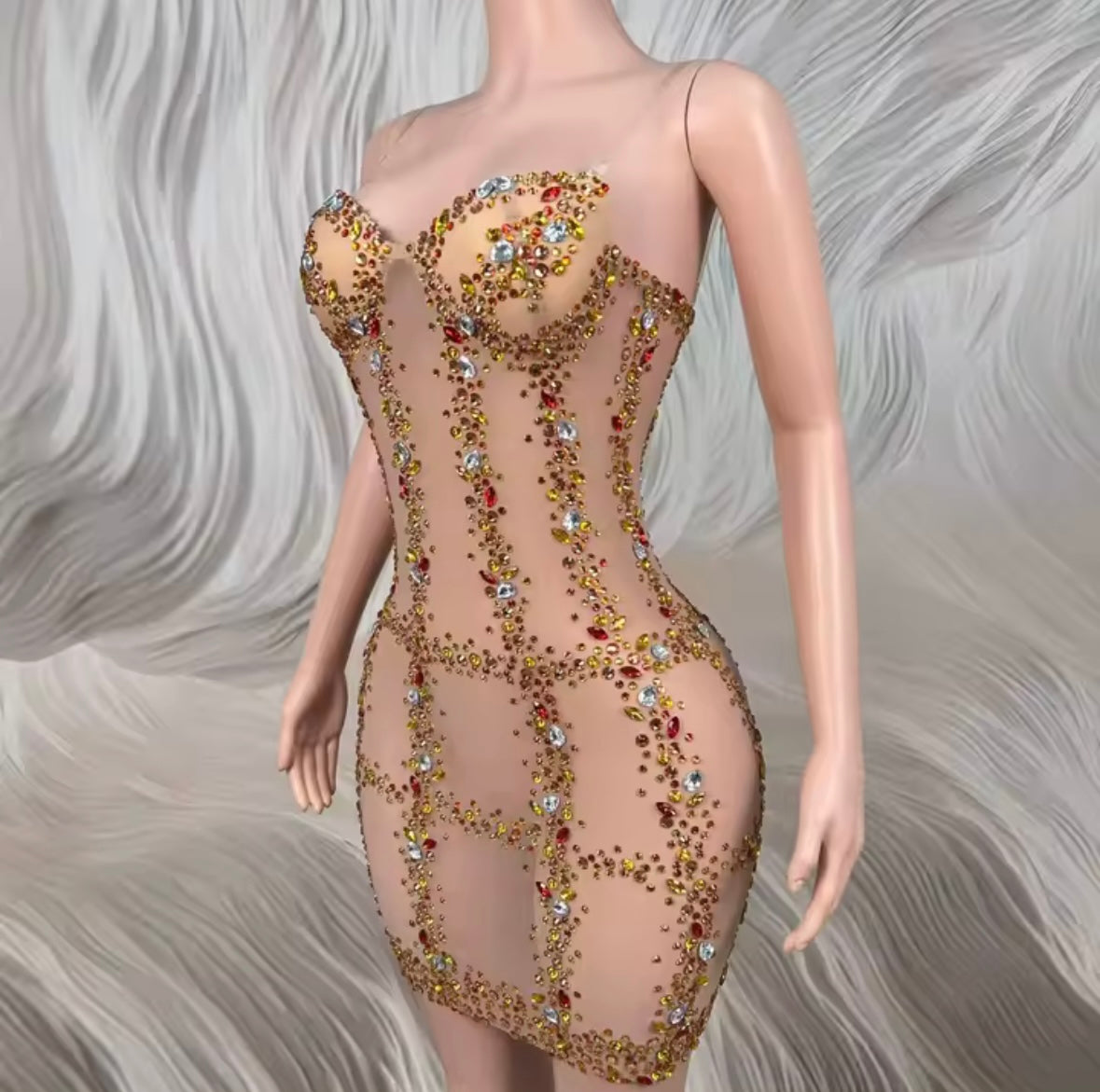 Sexy Sleeveless See Through Color Rhinestone Dress