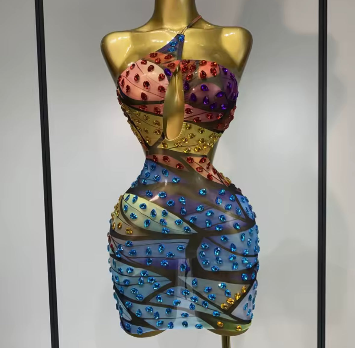 Sexy One Shoulder Sleeveless Multicolored Rhinestone Dress