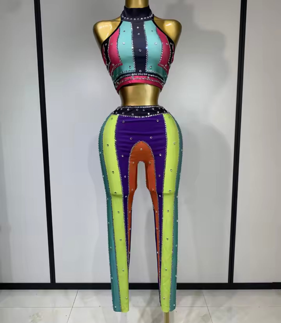Sexy Multicolored Halter Crop Rhinestone Pant Set