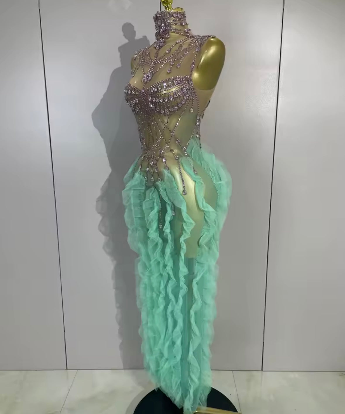 Sexy Sleeveless Rhinestone Ruffle See Through Maxi Dress