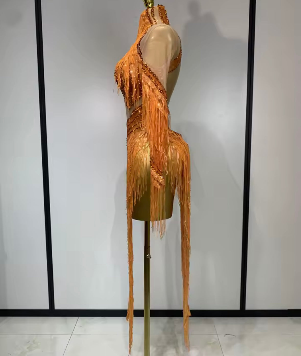 Sexy Orange Rhinestone Fringe Tassel Asymmetrical Dress