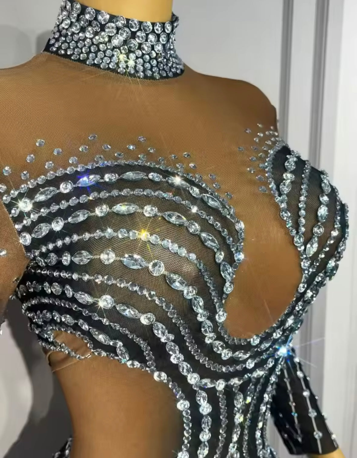 Sexy Rhinestone Full Sleeve Floor-Length Dress