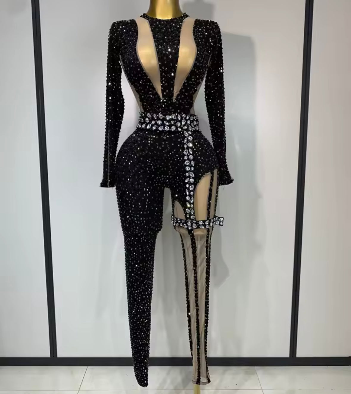 Sexy Black Sparkly Rhinestone Full Sleeve Jumpsuit