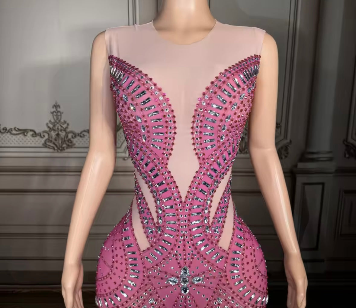 Pink Sleeveless Rhinestone Embellishment Sexy Maxi Dress