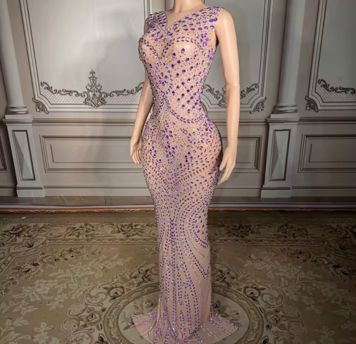 Sexy Sleeveless Purple Rhinestone Maxi Dress
