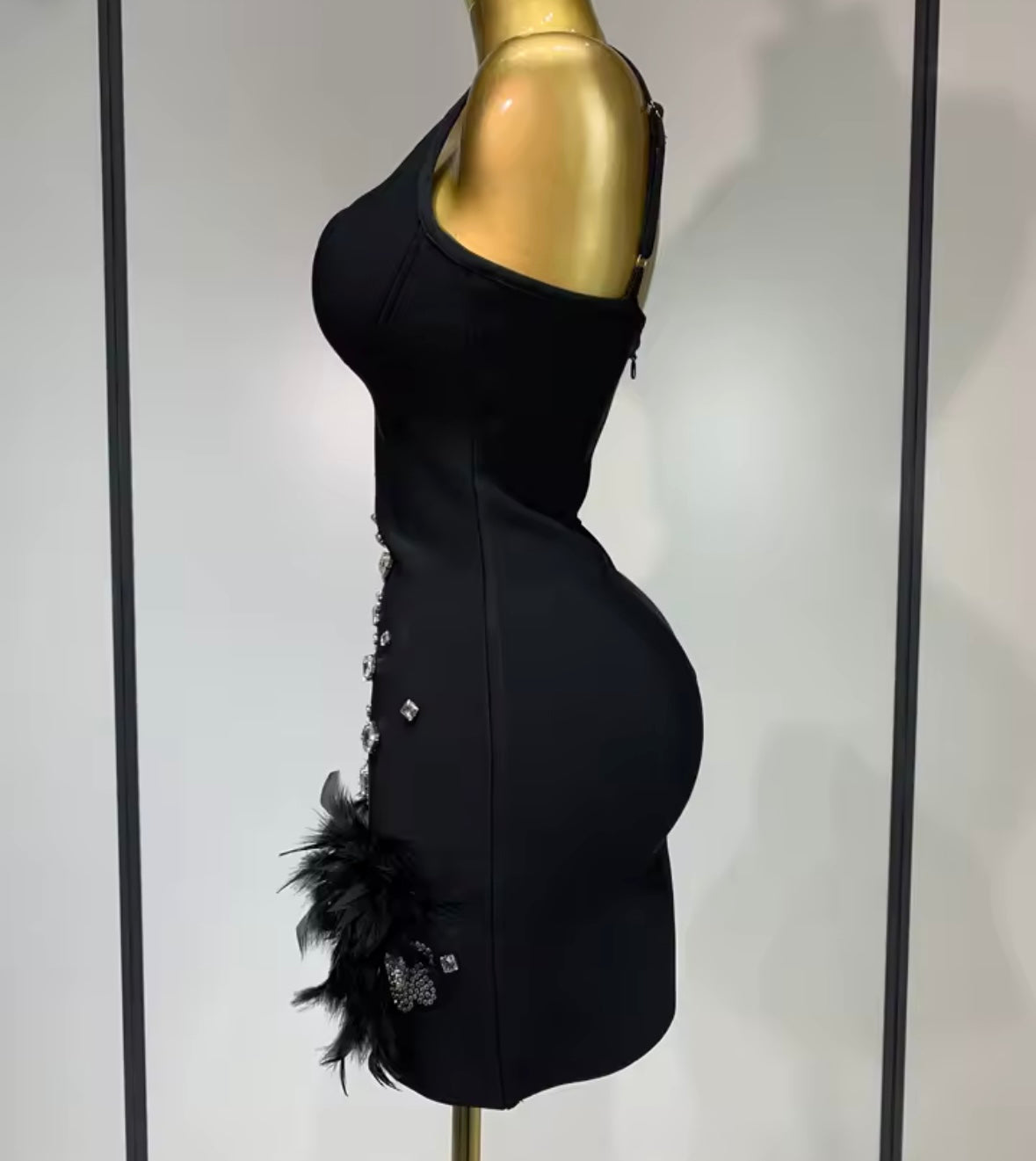 Sexy Black Sleeveless Rhinestone Embellishment Feather Dress