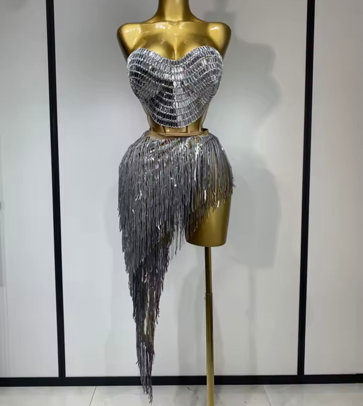 Silver Sexy Strapless Rhinestone Asymmetrical Tassel Two Piece Skirt Set