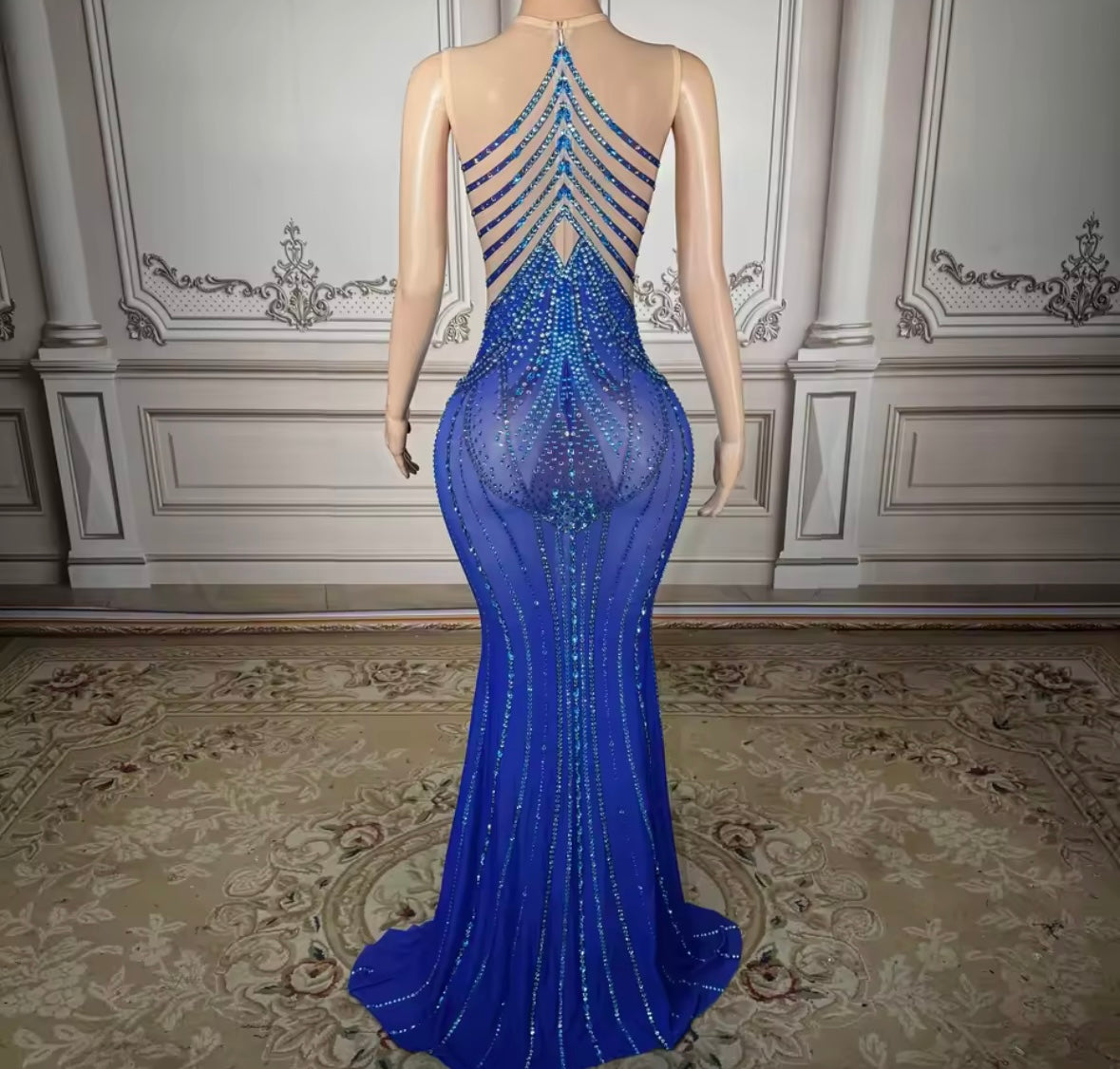 Blue Rhinestone Embellishment Sleeveless Floor-Length Dress