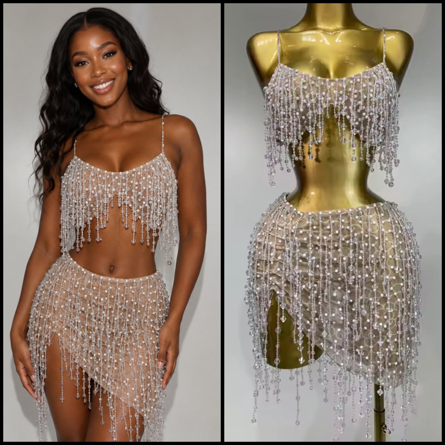 Sexy Sleeveless Pearl Beaded Tassel Skirt Set