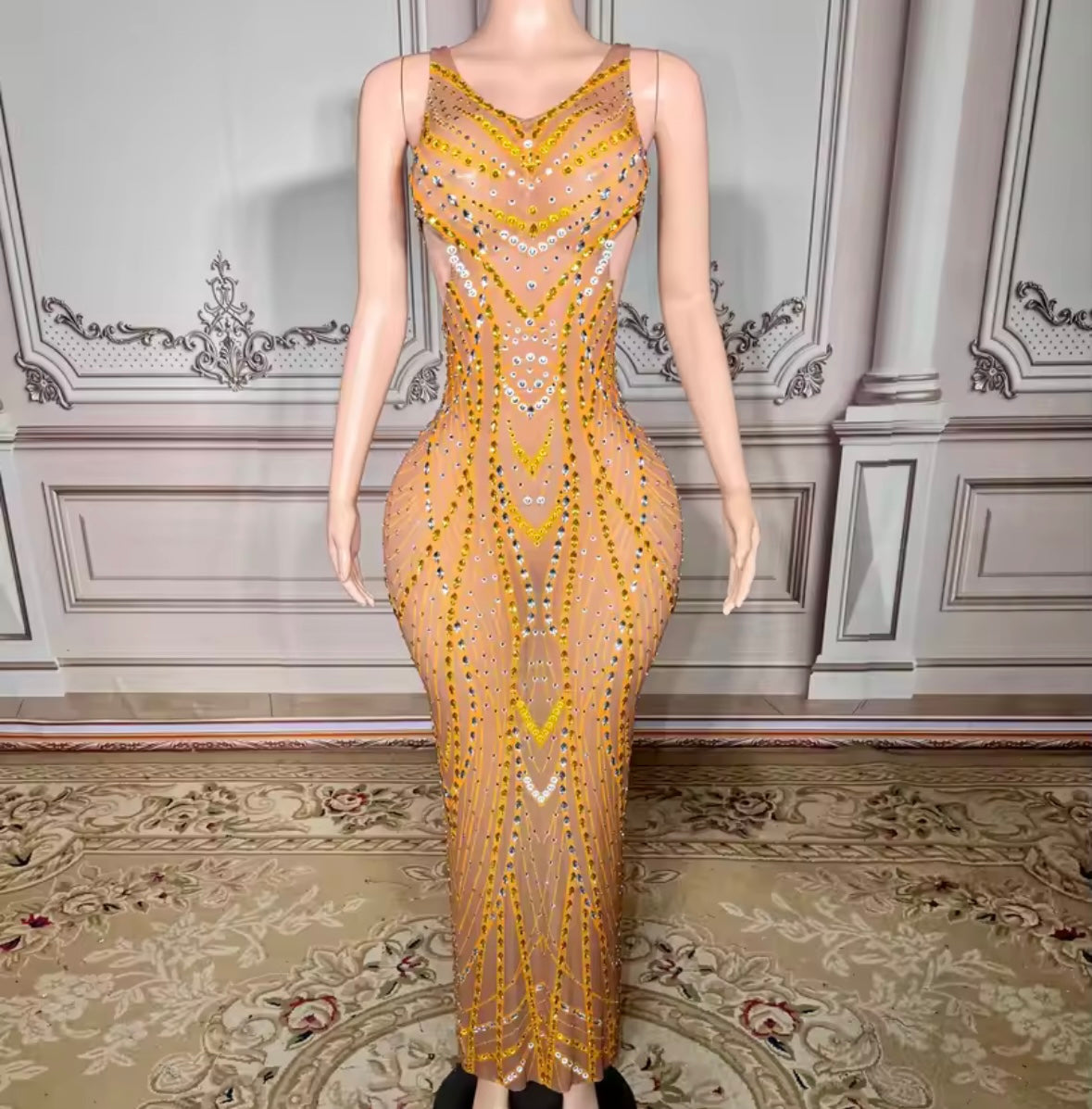 Sexy Sleeveless Rhinestone See Through Hollow Out Maxi Dress