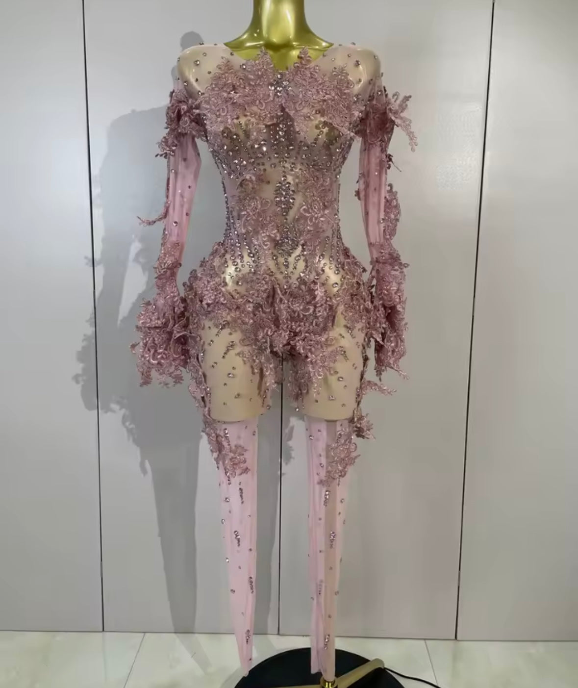 Pink Floral Lace Rhinestone Full Sleeve See Through Jumpsuit