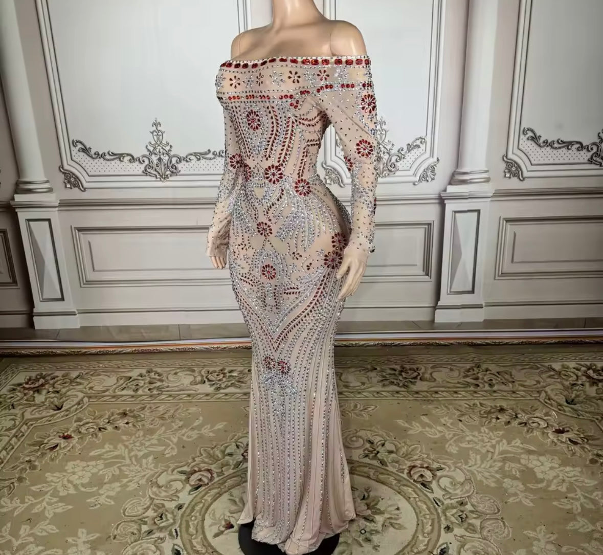 Sexy Rhinestone Embellishment Off The Shoulder Full Sleeve Dress