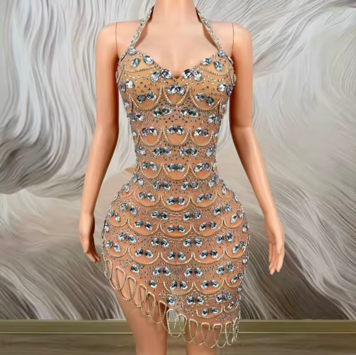 Sexy Halter Sleeveless Rhinestone Tassel Asymmetrical Dress