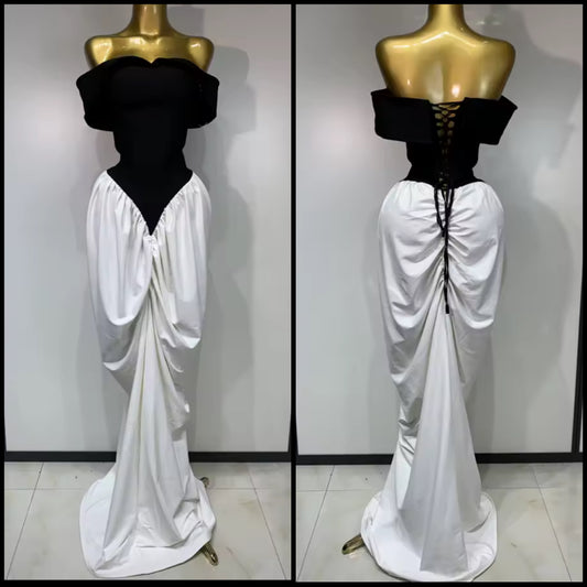 Elegant Off The Shoulder B&W Ruched Floor-Length Dress