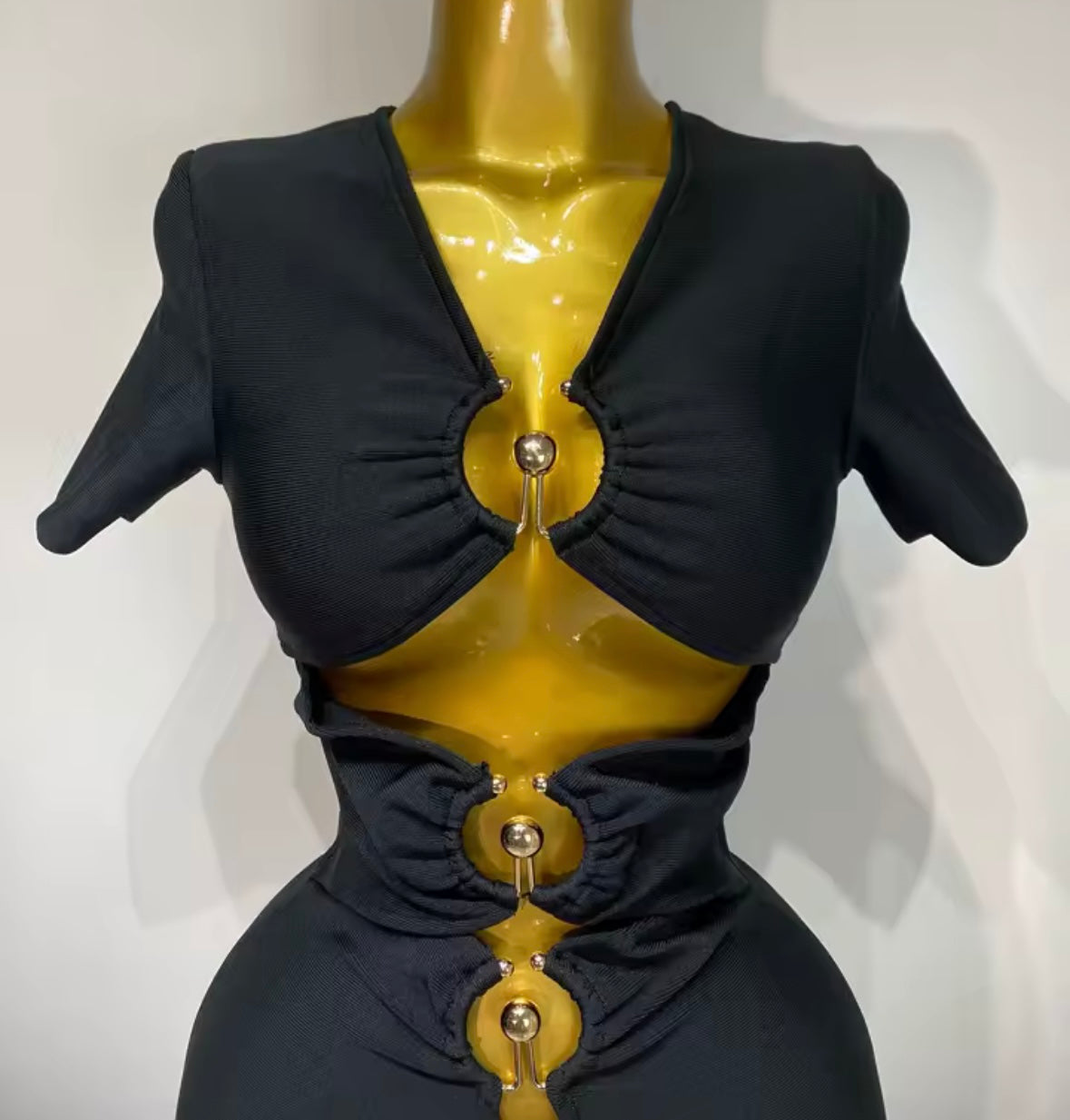 Sexy Black Metal Hollow Out Short Sleeve Dress