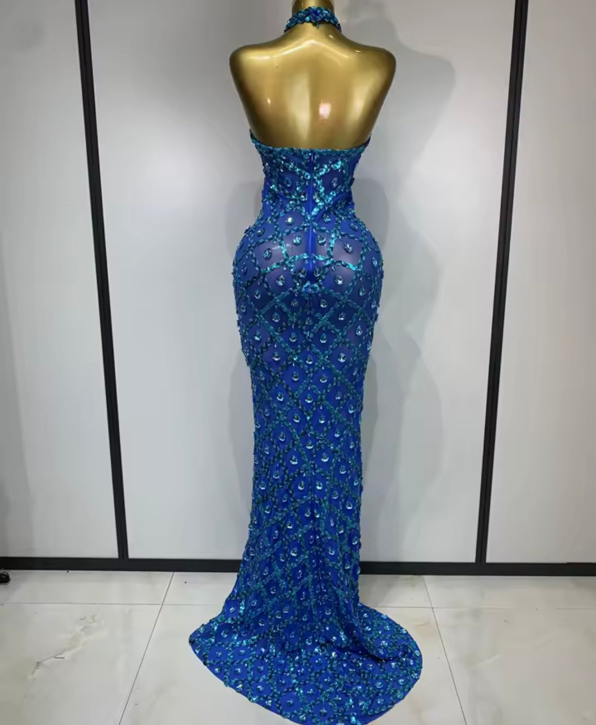 Sexy Blue Crystal Halter Floor-Length Dress