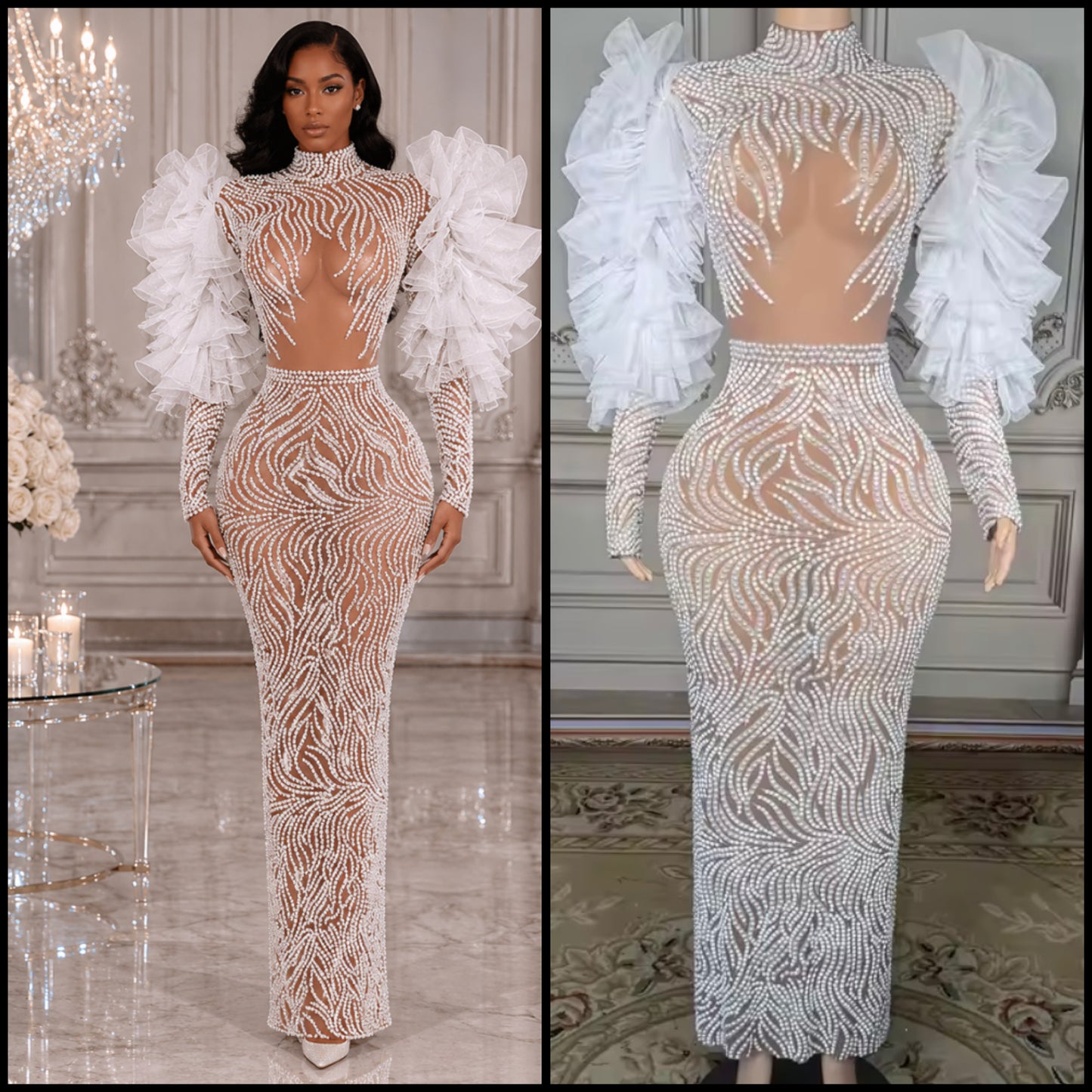 Sexy Beaded Ruffle Fur Sleeve See Through Maxi Dress