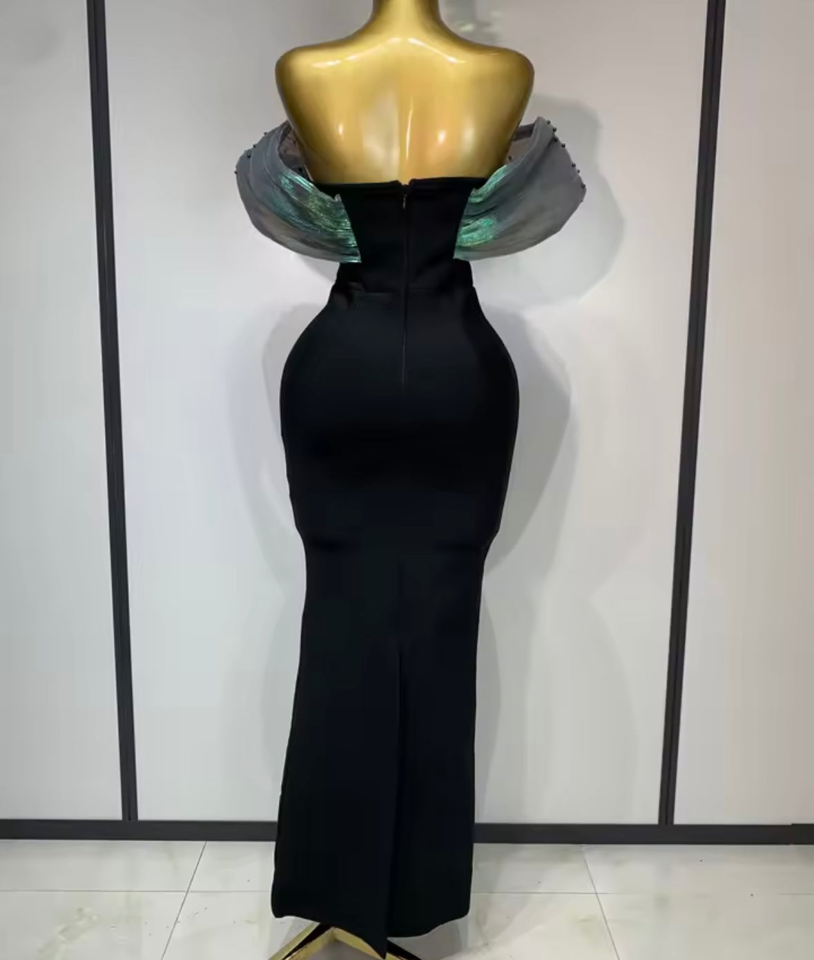 Black Elegant Off The Shoulder Beaded Floor-Length Dress