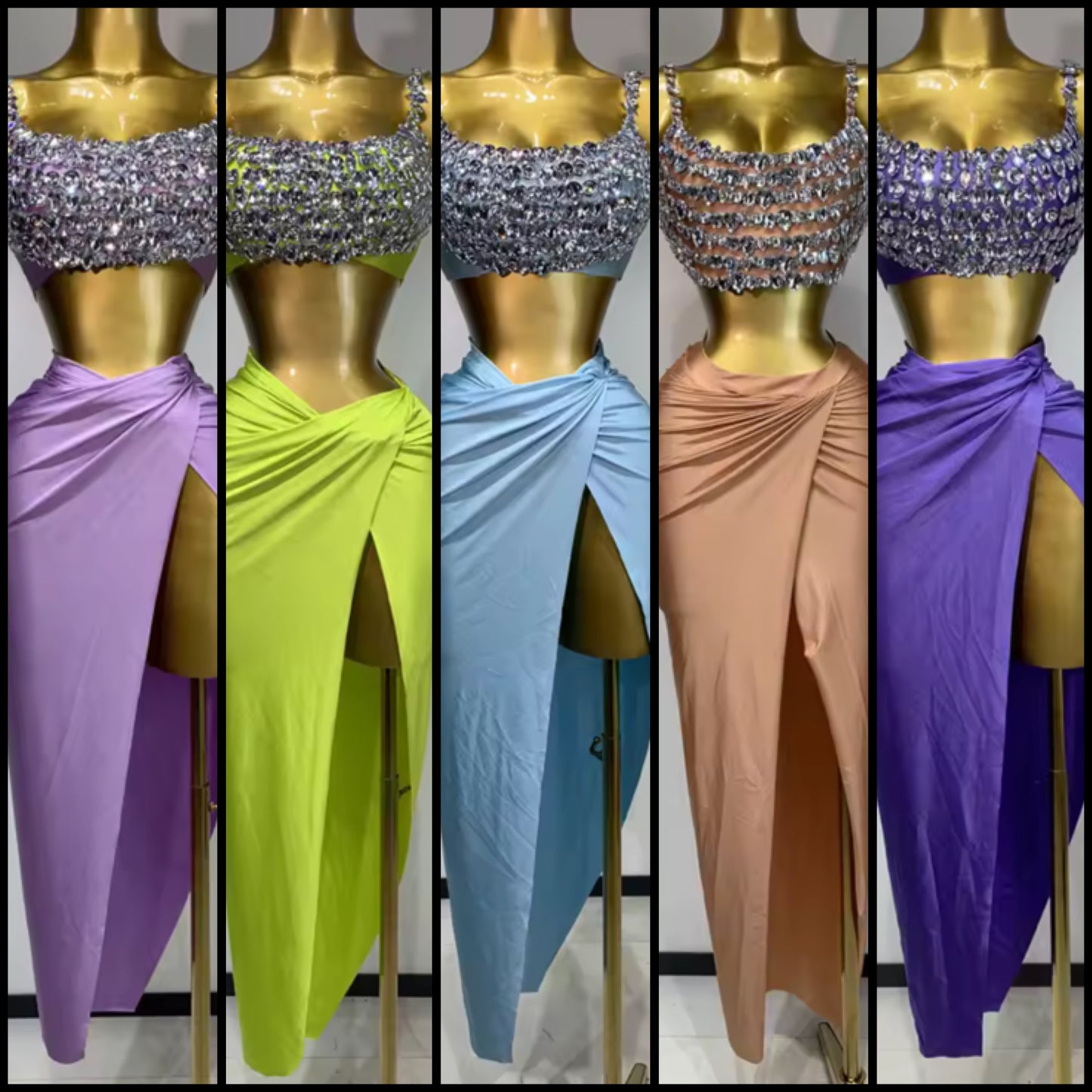 Sexy Rhinestone Sleeveless Maxi Skirt Set