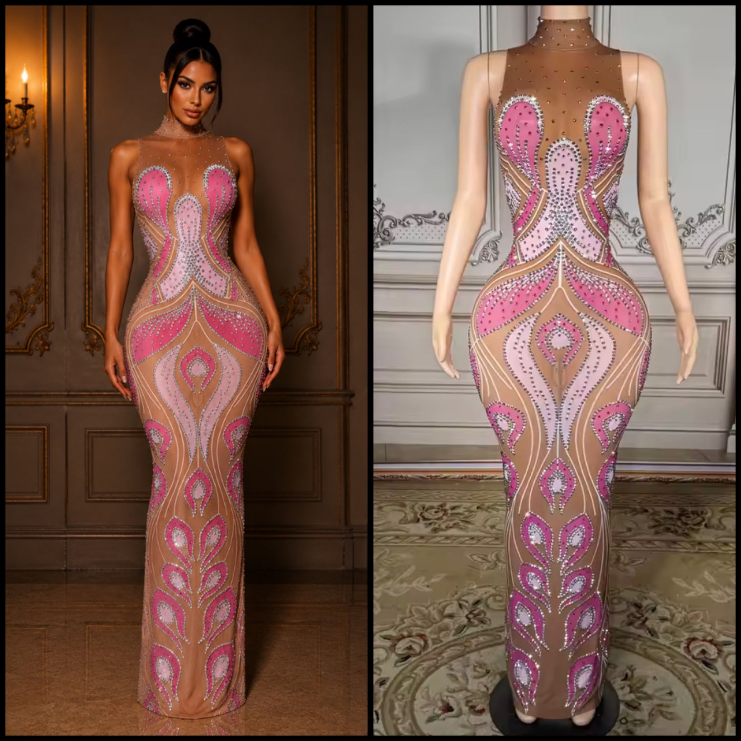 Sexy Sleeveless Color Patchwork Rhinestone See Through Maxi Dress