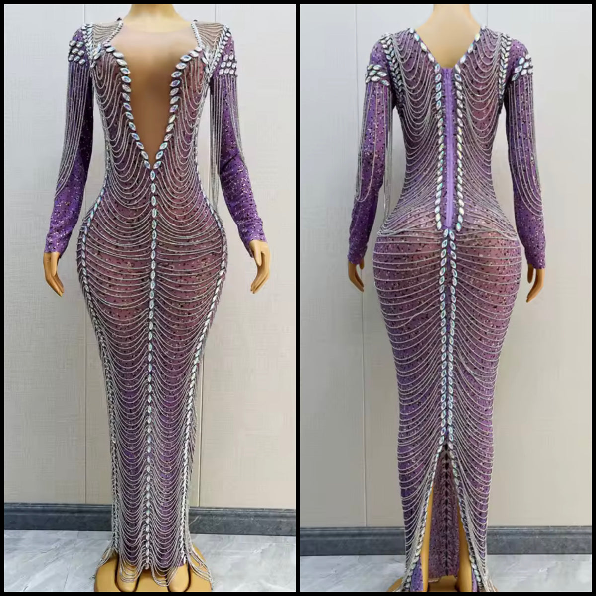 Sexy Purple Rhinestone Chain Full Sleeve Maxi Dress