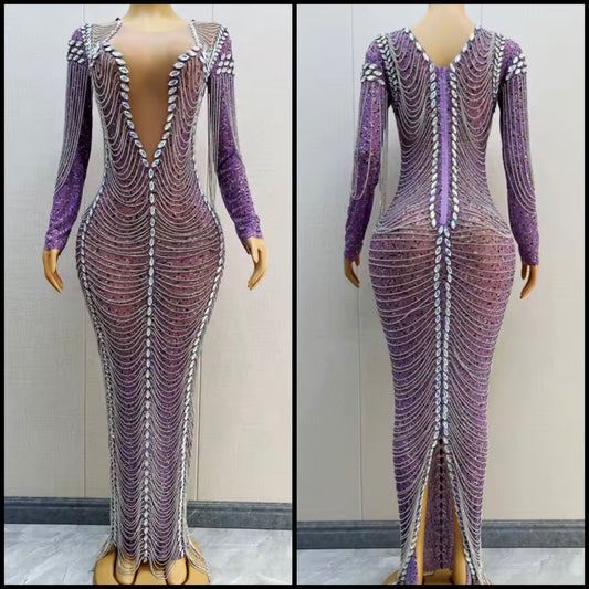 Sexy Purple Rhinestone Chain Full Sleeve Maxi Dress
