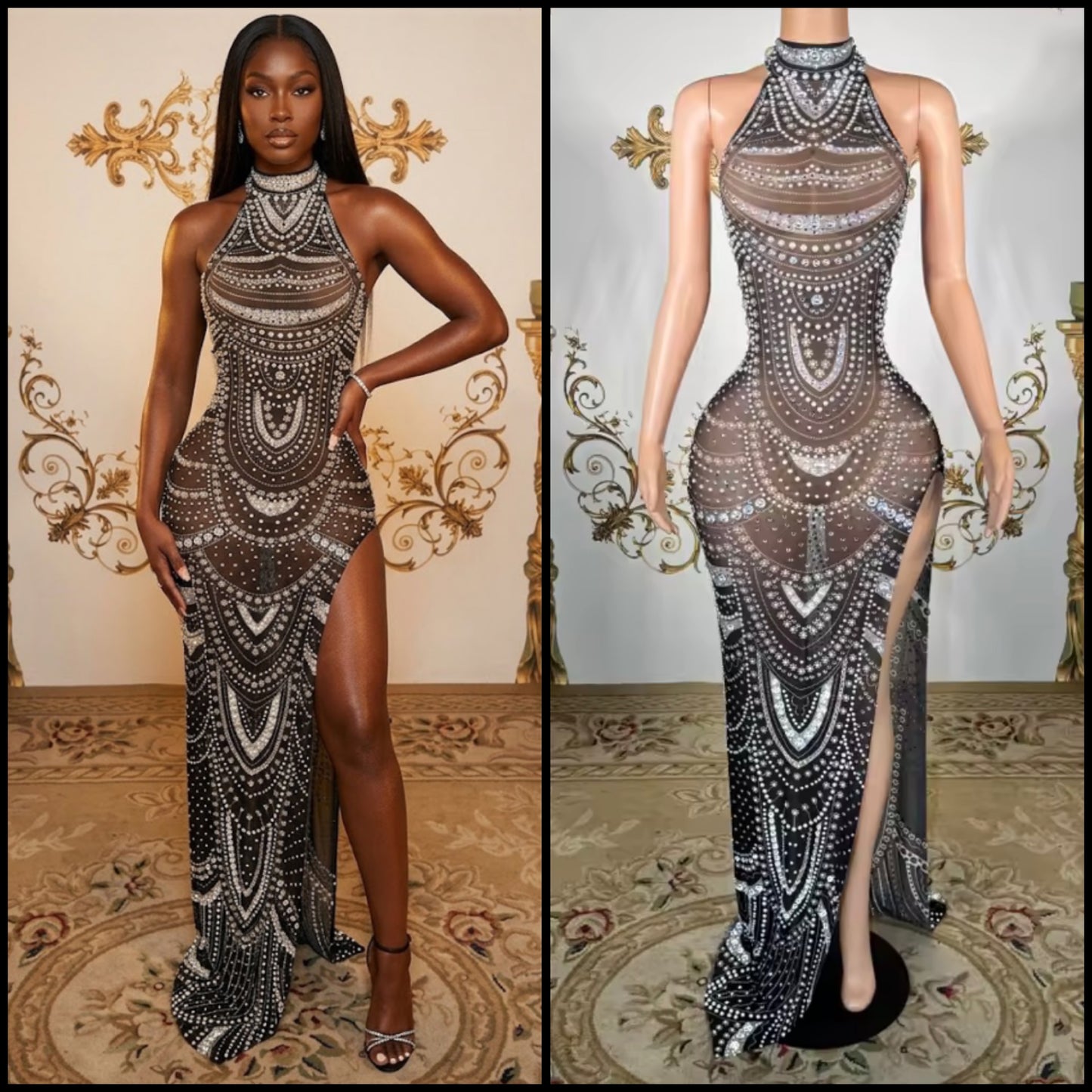 Sexy Black Sleeveless Rhinestone See Through Maxi Dress
