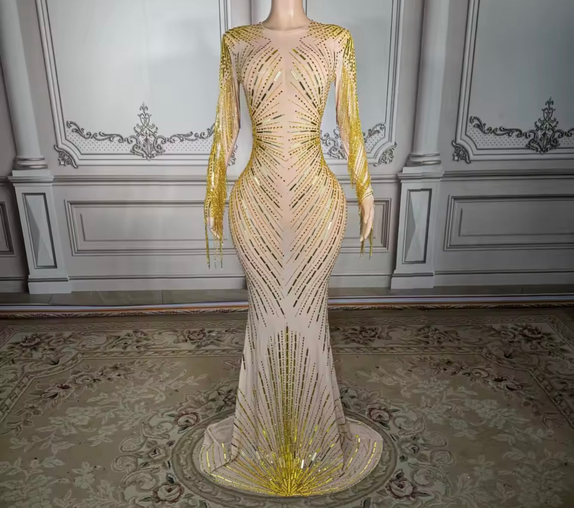Rhinestone Embellishment Full Sleeve See Through Maxi Dress