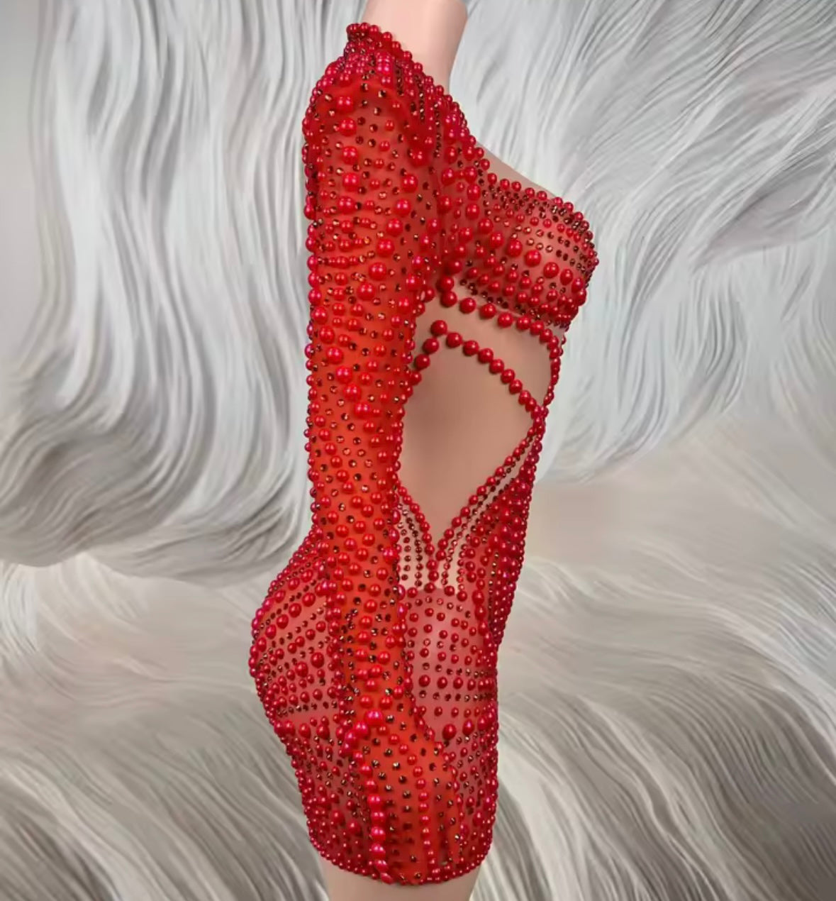 Red Sexy Beaded Rhinestone Full Sleeve Dress