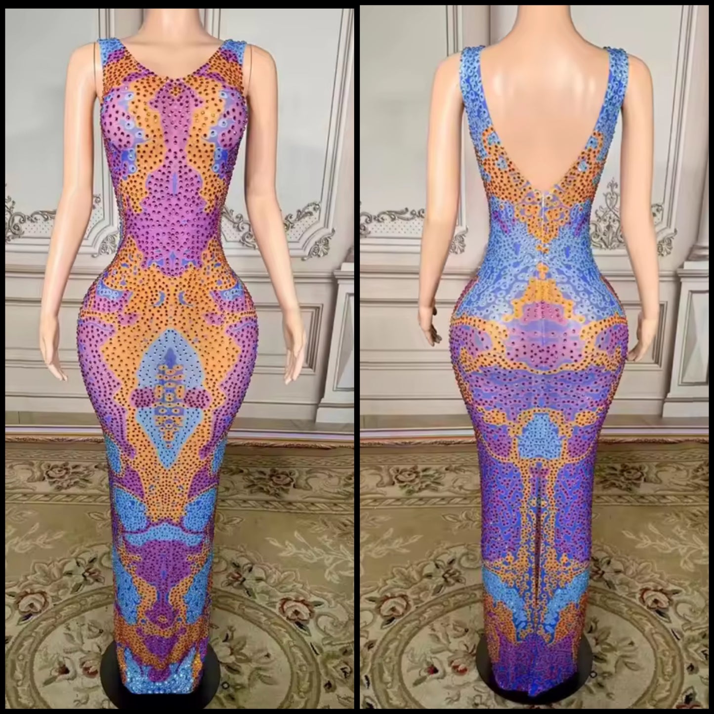 Sexy Sleeveless Multicolored Rhinestone Maxi Dress