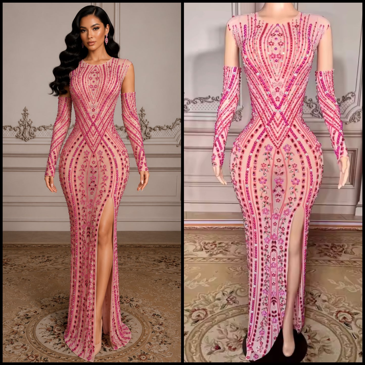 Elegant Pink Rhinestone Glove Sleeveless Maxi Dress