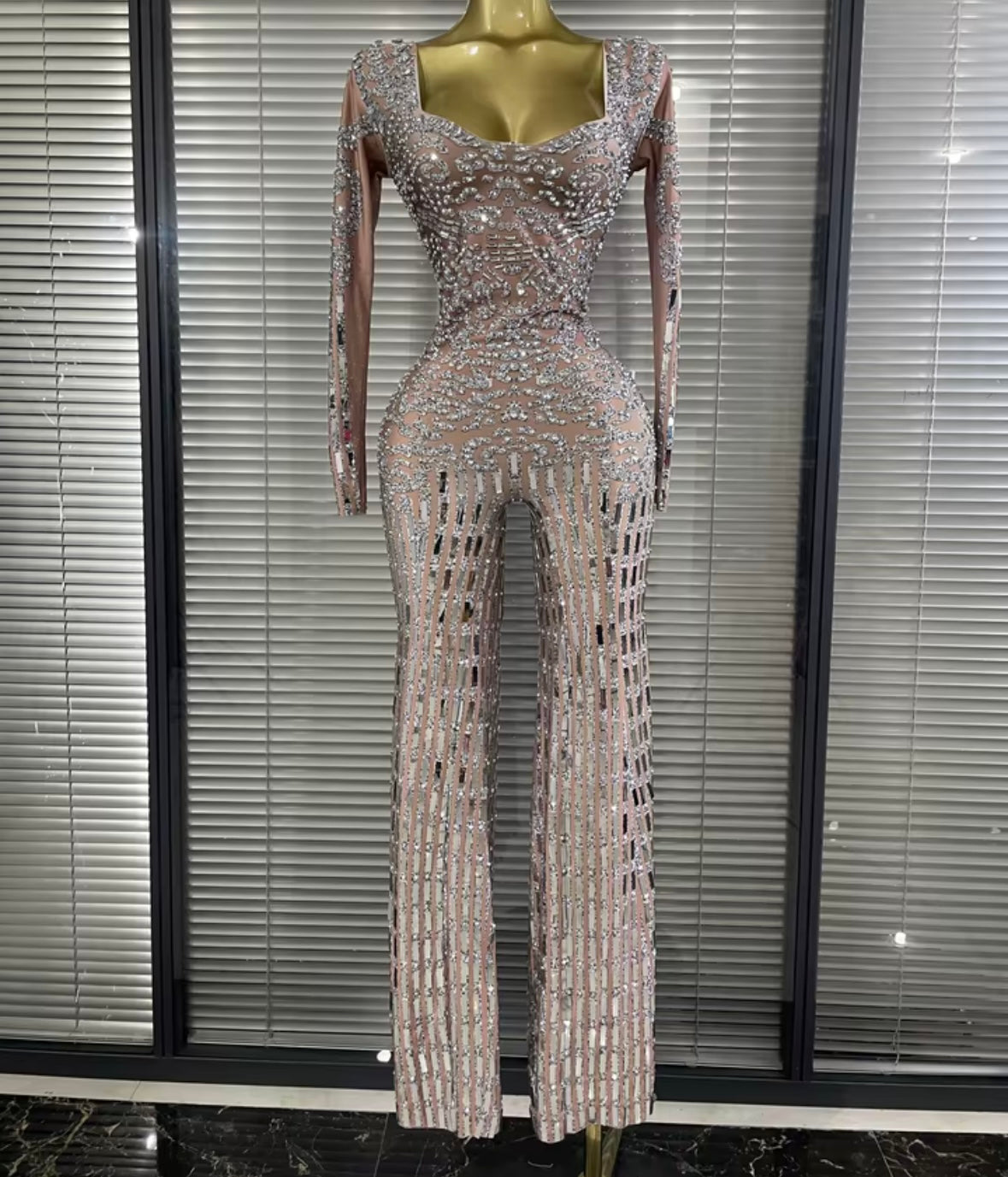Elegant Rhinestone Mirror Full Sleeve Jumpsuit