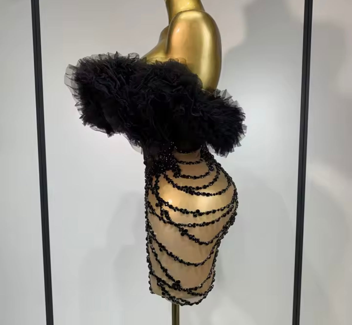 Black Ruffled Strapless Crystal Mesh Sexy Dress