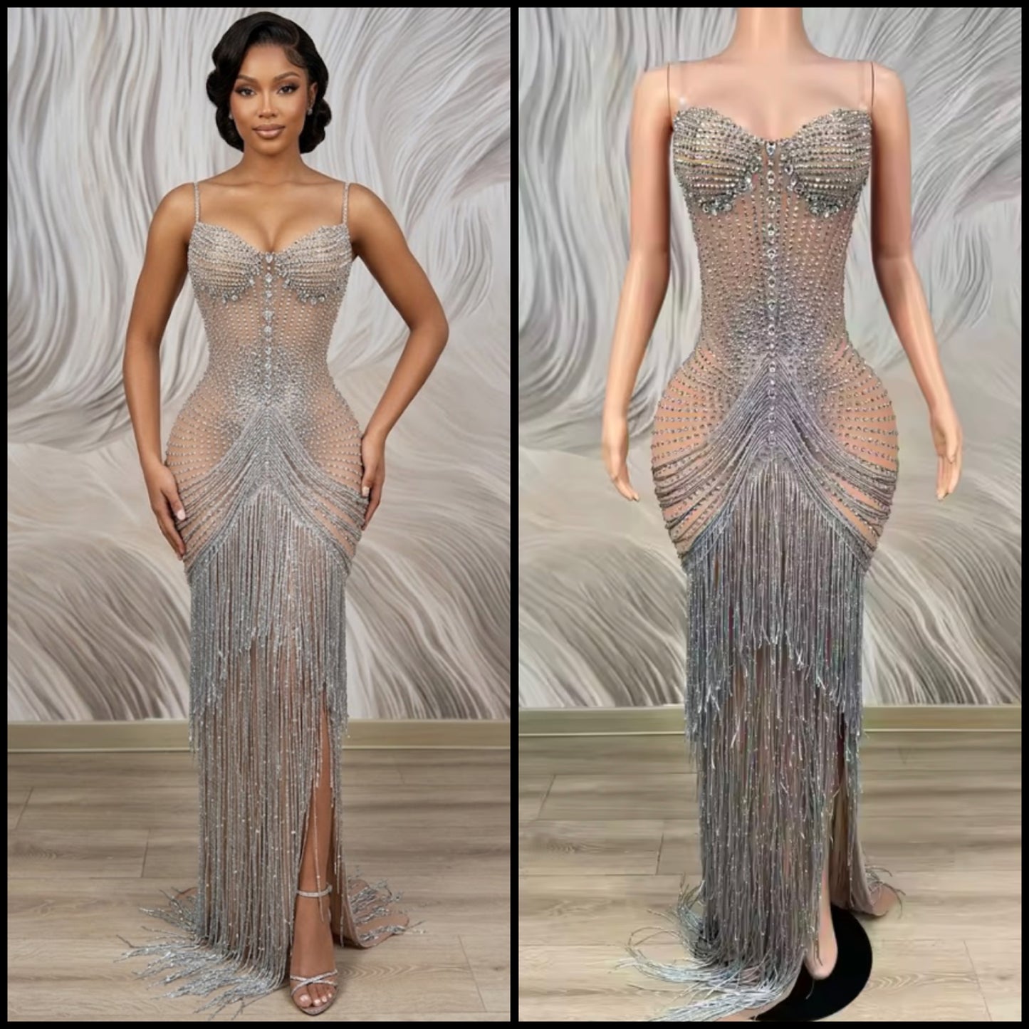Sexy Sleeveless Rhinestone Embellishment Fringe Tassel Dress