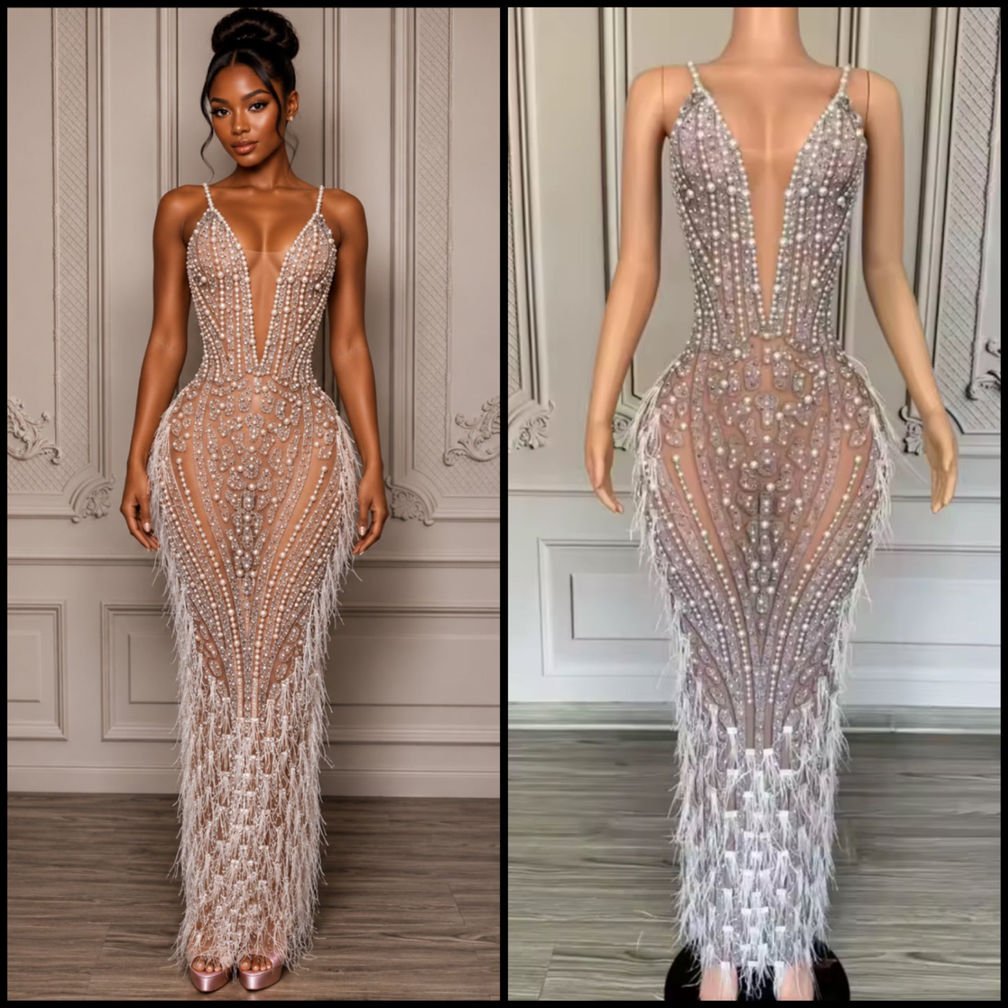 Sexy Sleeveless Rhinestone Embellishment Feather Maxi Dress
