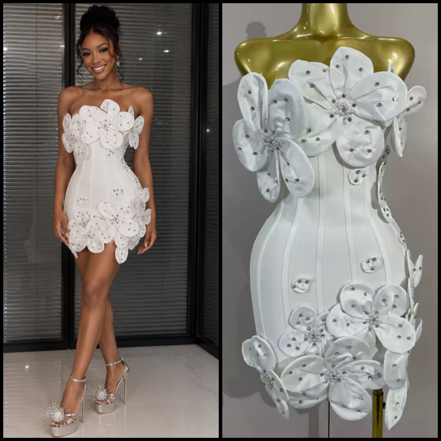 Sexy Floral Rhinestone Strapless Bandage Dress
