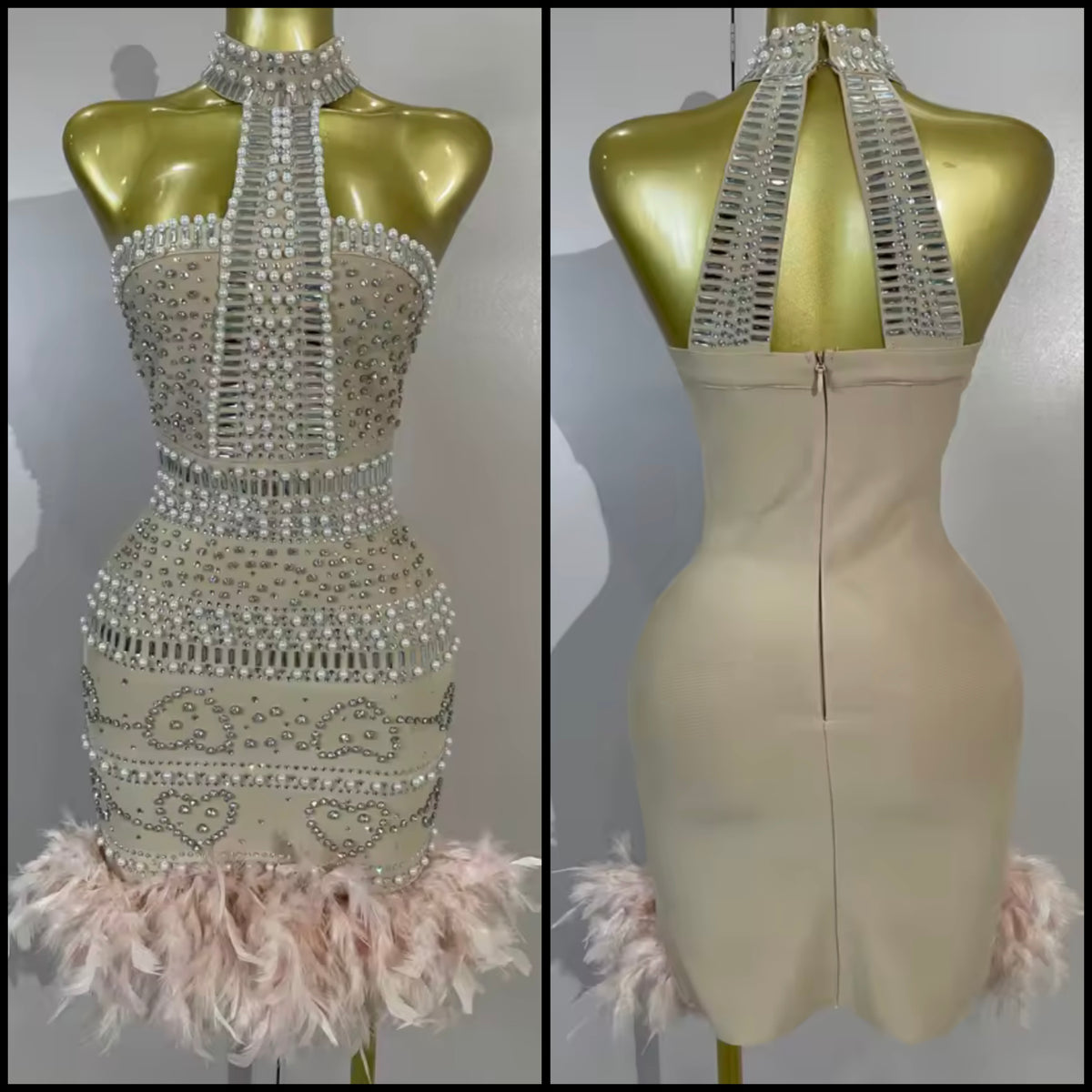 Sexy Halter Sleeveless Rhinestone Pink Feather Dress
