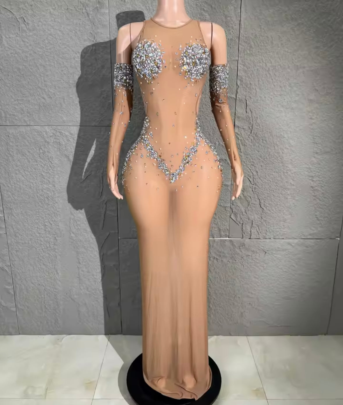 Sexy See Through Rhinestone Embellishment Floor-Length Dress
