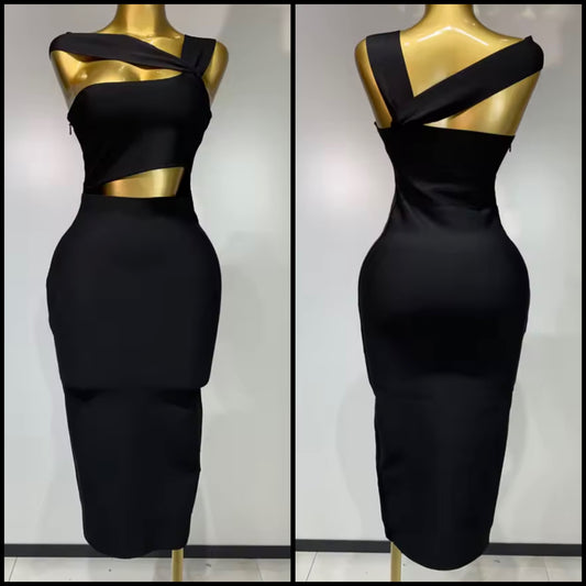 Black Sexy One Shoulder Sleeveless Hollow Out Dress