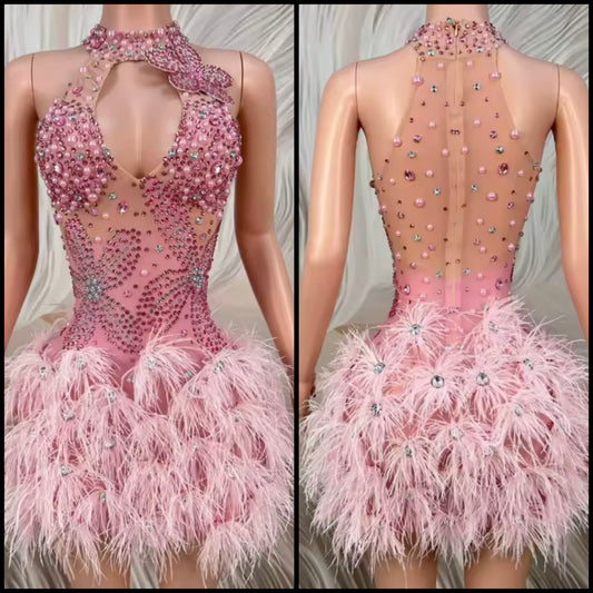 Sexy Pink Sleeveless Beaded Rhinestone Feather Dress