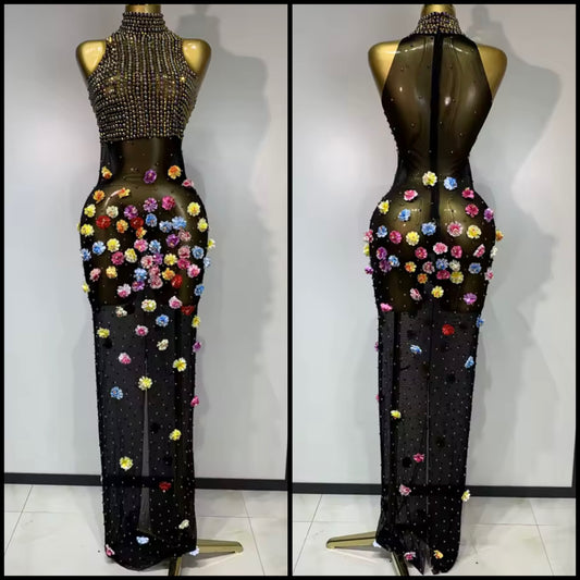Sleeveless Black Rhinestone Floral Embellishment Maxi Dress