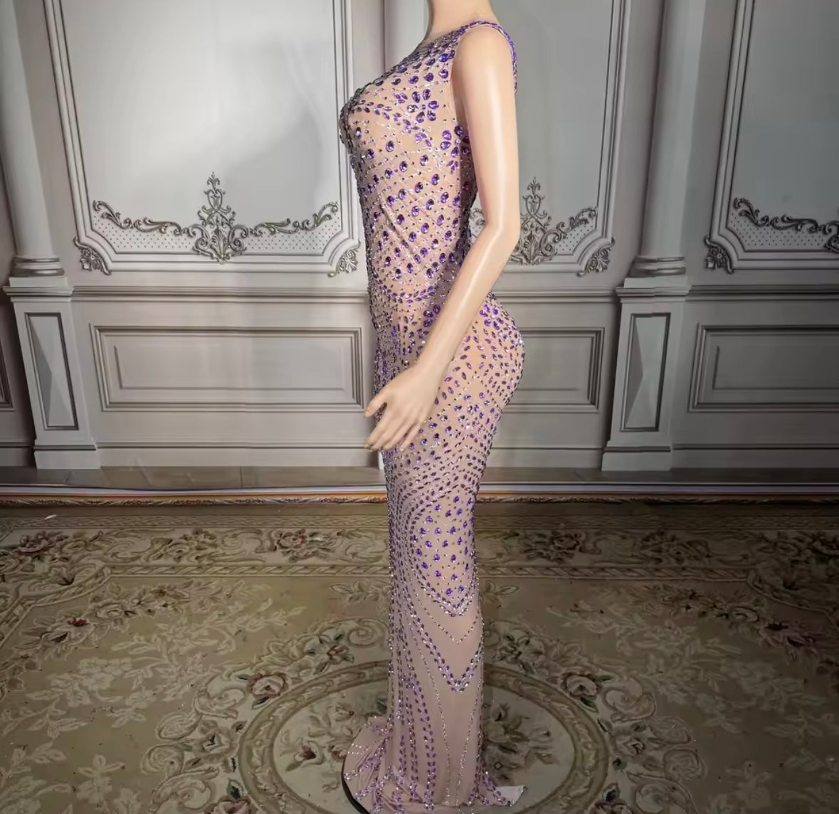Sexy Sleeveless See Through Purple Rhinestone Maxi Dress
