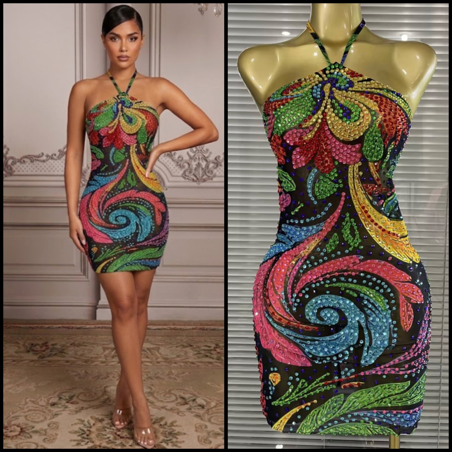 Sexy Halter Sleeveless Colorful Rhinestone Dress