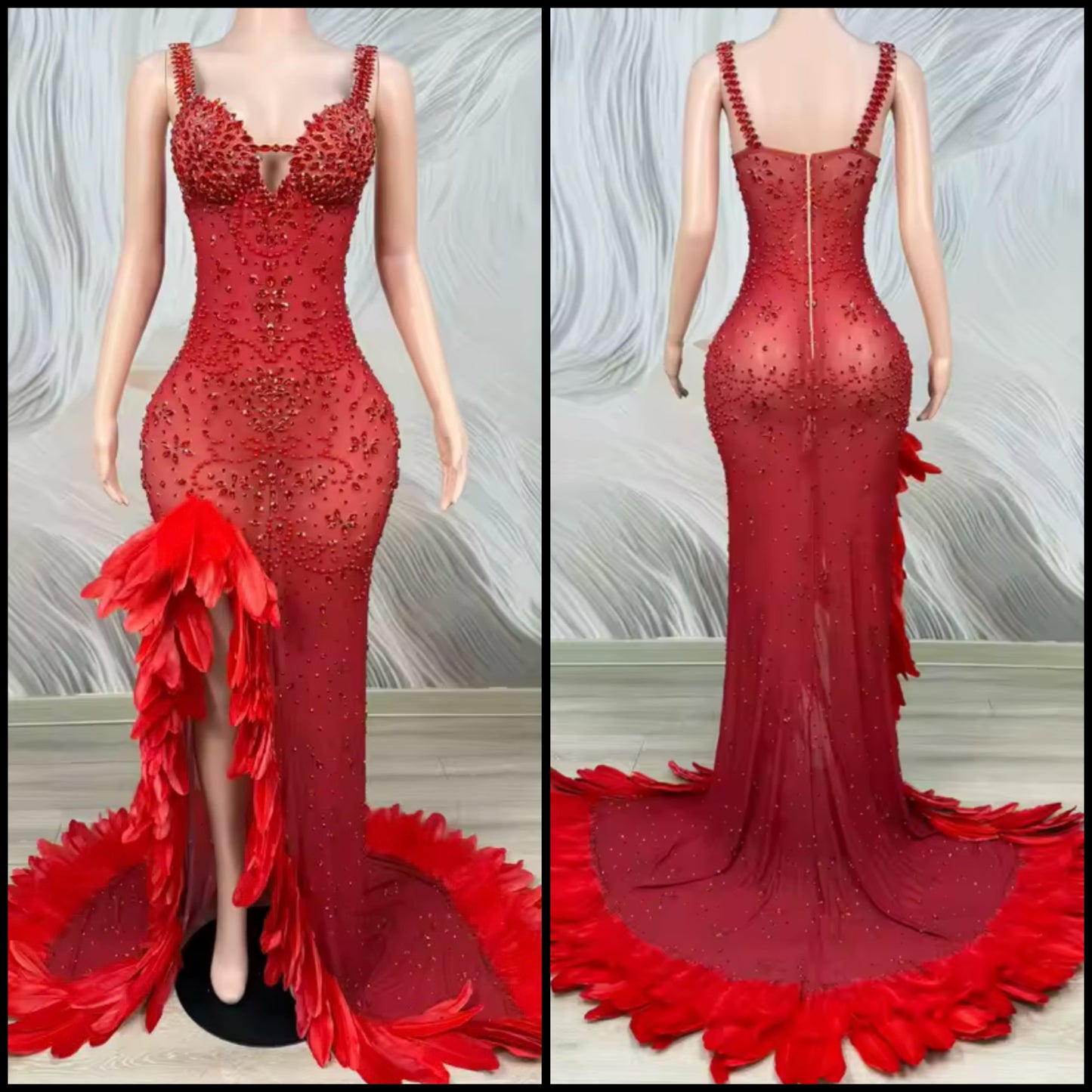 Red Sexy Sleeveless Rhinestone Feather Front Split Maxi Dress