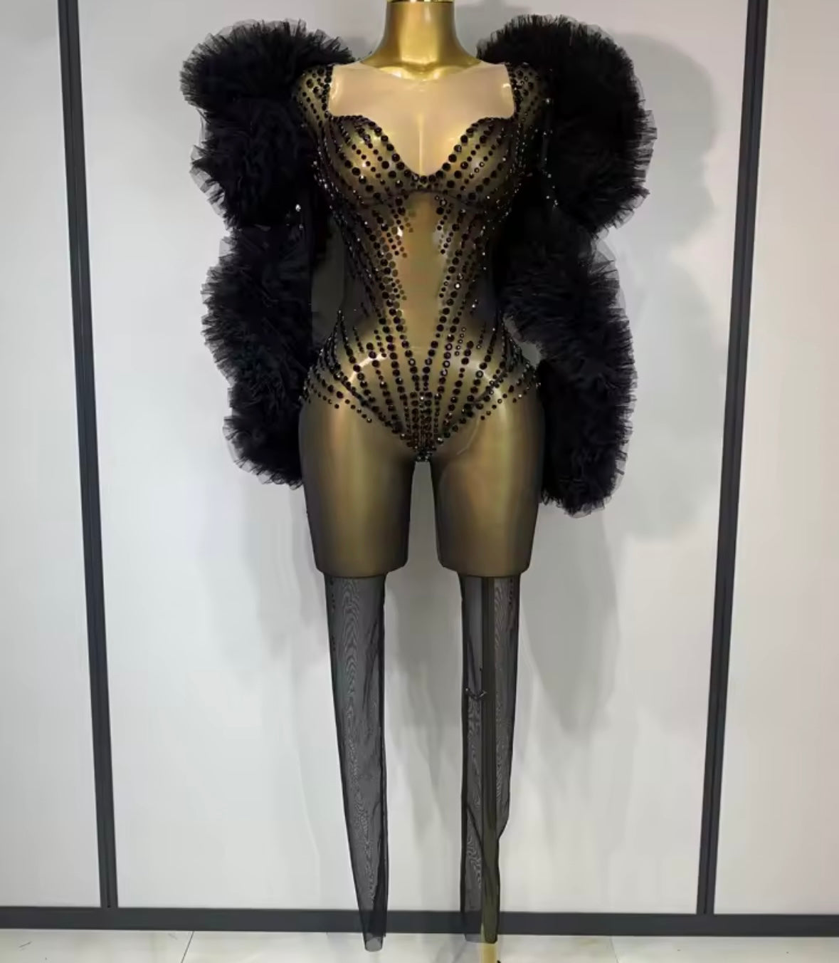 Black Rhinestone Embellishment Ruffle Sexy Jumpsuit