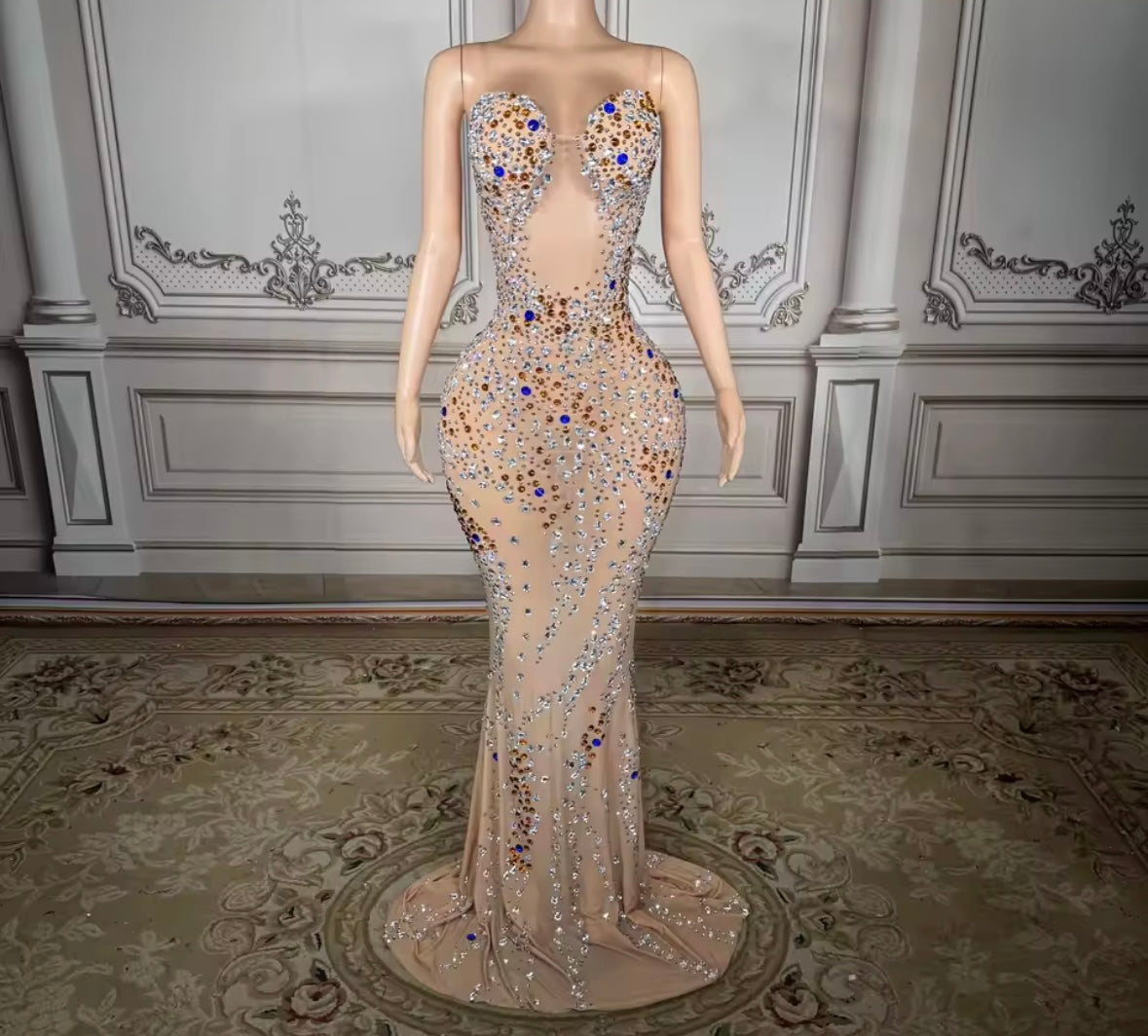 Sexy Sleeveless Color Rhinestone Floor-Length Dress