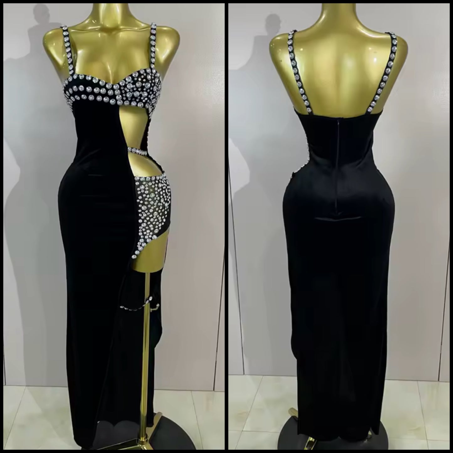 Sexy Sleeveless Rhinestone Black Hollow Out Side Split Maxi Dress