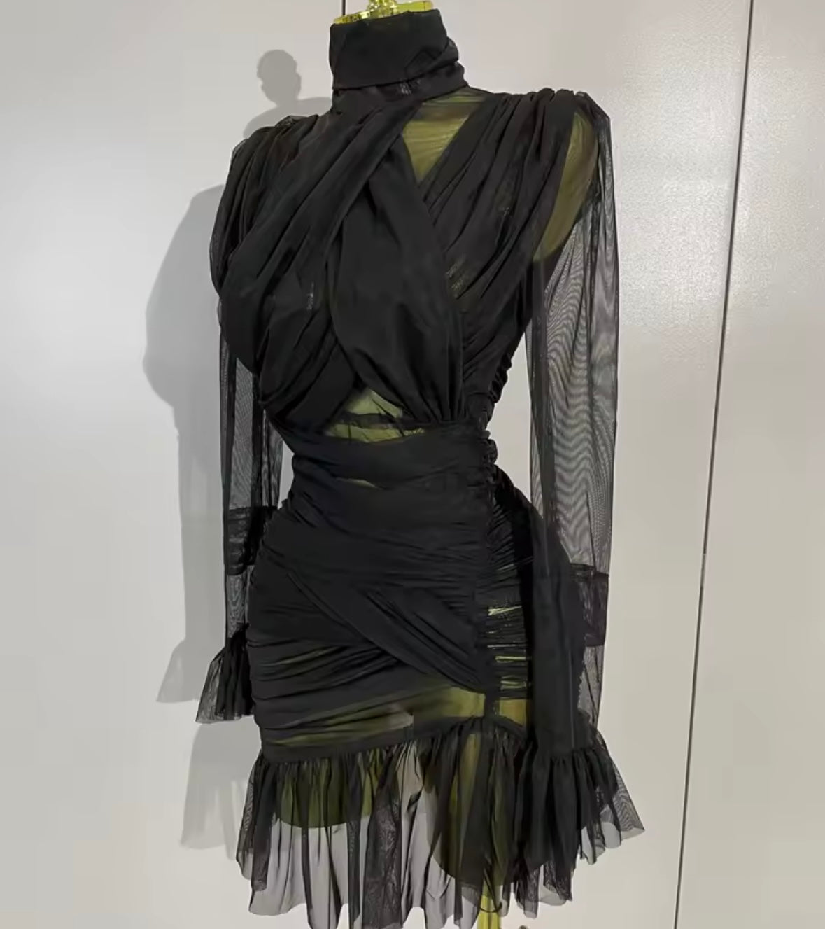 White Sexy See Through Ruched Ruffle Full Sleeve Dress