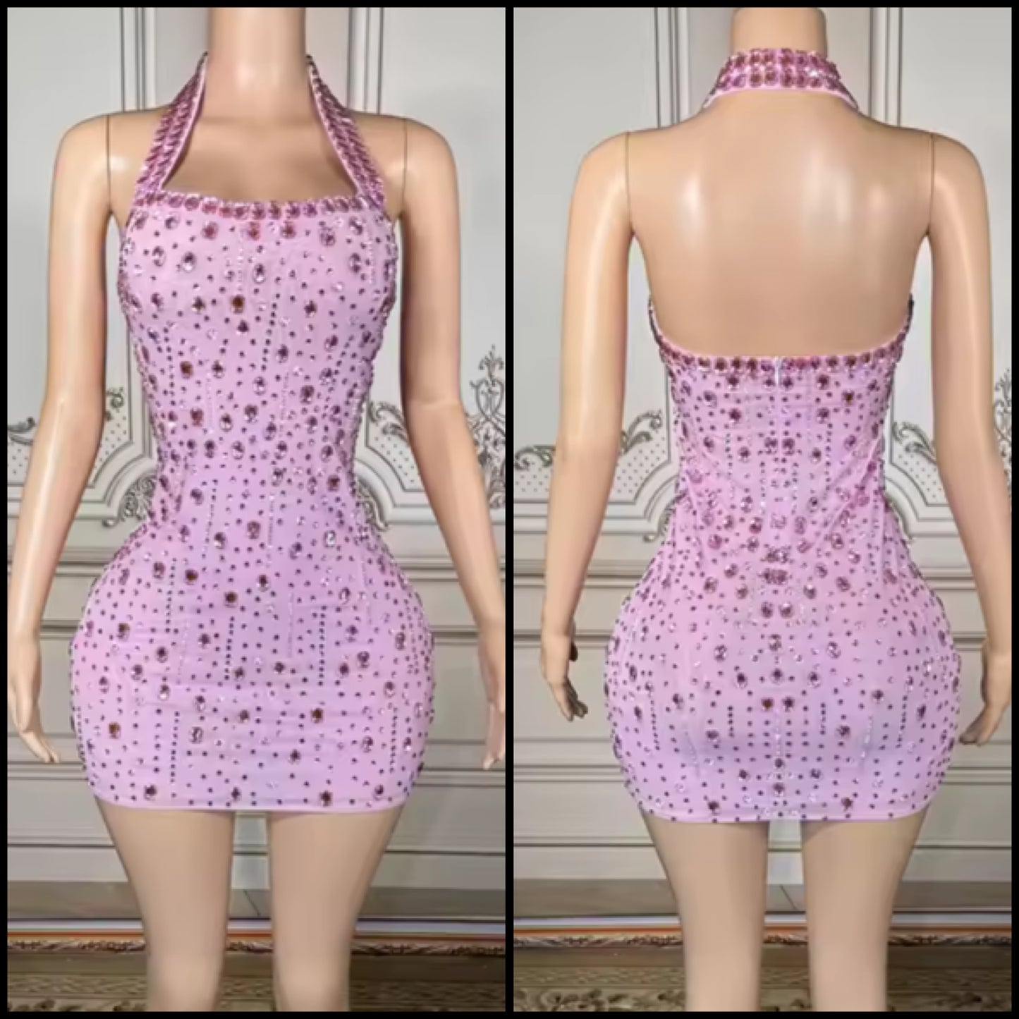 Sexy Pink Halter Sleeveless Crystal Short Dress