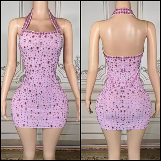 Sexy Pink Halter Sleeveless Crystal Short Dress